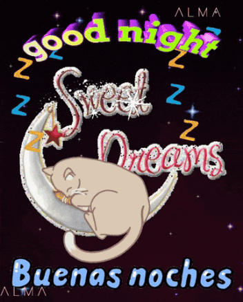A Cat Is Sleeping On A Crescent Moon With The Words Good Night Sweet Dreams Written Above It GIF