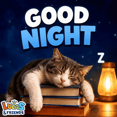 A Cat Is Sleeping On Top Of A Stack Of Books With The Words Good Night Lucas & Friends Below It GIF
