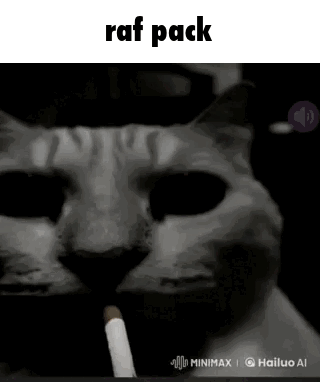 A Cat Is Smoking A Cigarette In A Black And White Photo With A Caption That Says Raf Pack . GIF