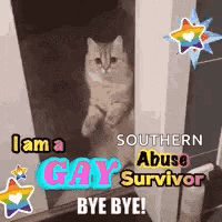 A Cat Is Standing On Its Hind Legs In A Doorway With The Words `` I Am A Gay Survivor '' Written On It . GIF