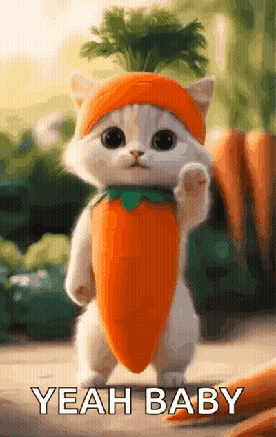 A Cat Is Wearing A Carrot Hat And Holding A Carrot . GIF