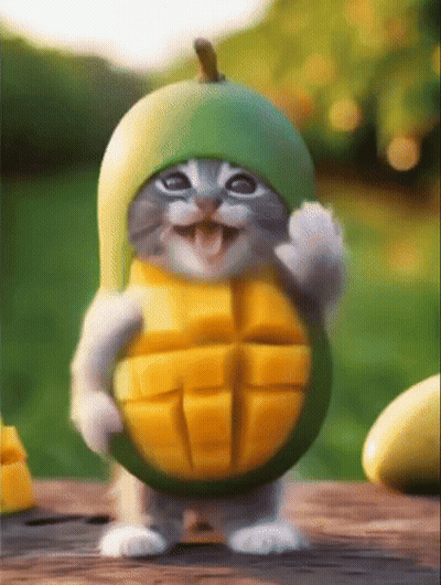 A Cat Is Wearing A Green Hat That Looks Like A Mango Slice GIF