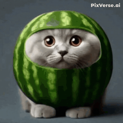 A Cat Is Wearing A Watermelon Costume With Pixverse.ai In The Corner GIF