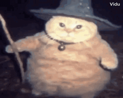 A Cat Is Wearing A Wizard Hat And Holding A Staff . GIF