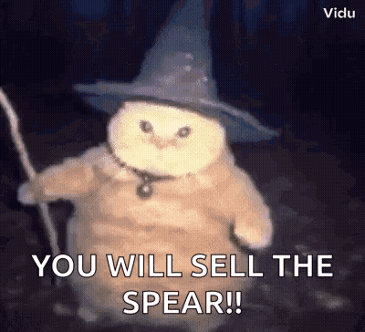 A Cat Is Wearing A Wizard Hat And Holding A Wand And Says `` You Will Sell The Spear '' . GIF