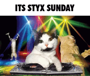 A Cat Laying On A Dj 'S Turntable With The Words Its Styx Sunday Below It GIF