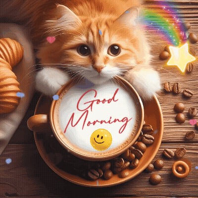 A Cat Laying On Top Of A Cup Of Coffee With The Words Good Morning Written On It GIF