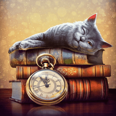 A Cat Laying On Top Of A Stack Of Books Next To A Pocket Watch With Roman Numerals GIF