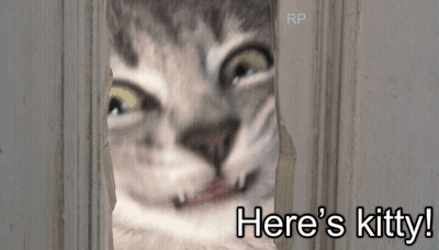 A Cat Looking Through A Hole In A Door With The Words Here 'S Kitty Written Below It GIF