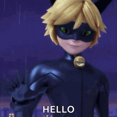 A Cat Noir Cartoon Character Says Hello In A Purple Background GIF