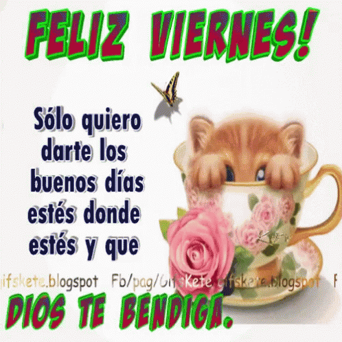 A Cat Peeking Out Of A Cup With Flowers And The Words Feliz Viernes Below It GIF