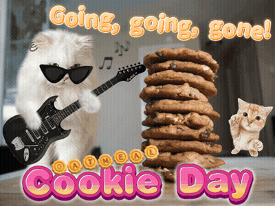 A Cat Playing A Guitar Next To A Stack Of Cookies With The Words Cookie Day Below It GIF