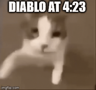 A Cat Pointing At The Camera With The Words Diablo At 4:23 GIF
