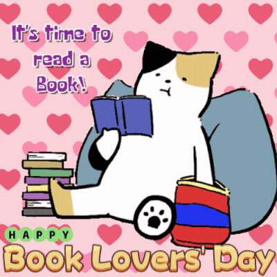 A Cat Reading A Book With The Words " It 'S Time To Read A Book ! " GIF