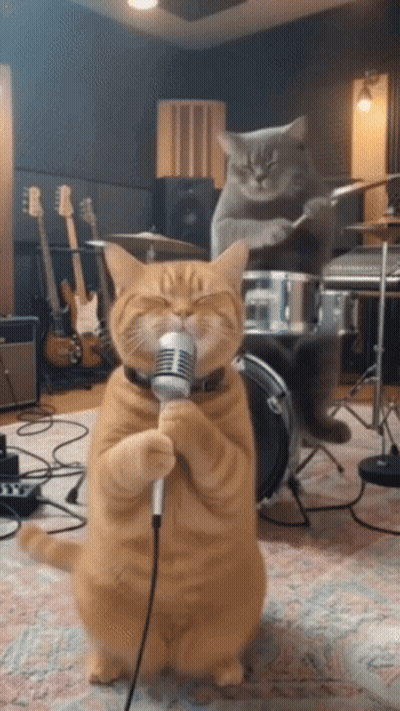 A Cat Singing Into A Microphone With Another Cat Playing Drums In The Background GIF
