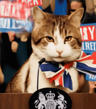 A Cat Sitting At A Podium With A Sign That Says Isy GIF