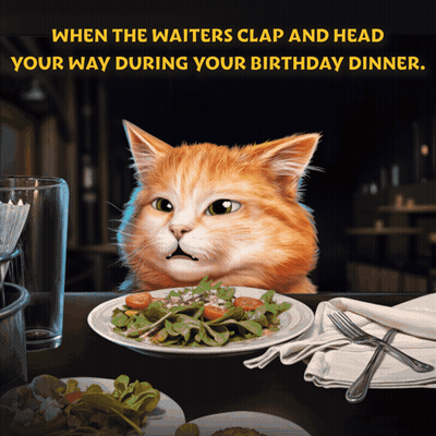 A Cat Sitting At A Table With A Plate Of Food And The Words " When The Waiters Clap And Head Your Way " GIF