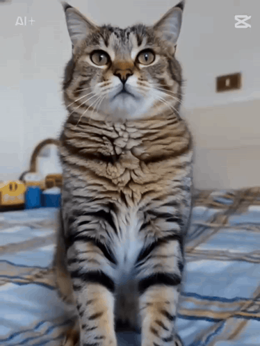 Cat Sitting On Bed With AI+ Watermark GIF