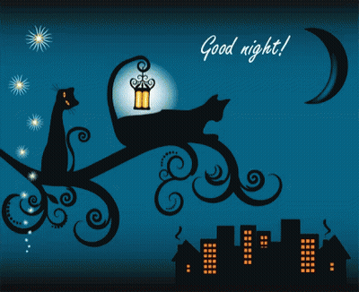 A Cat Sitting On A Branch With A Lantern And The Words Good Night Written Below It GIF