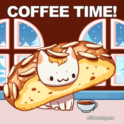 A Cat Sitting On Top Of A Pastry With The Words Coffee Time Written On It GIF