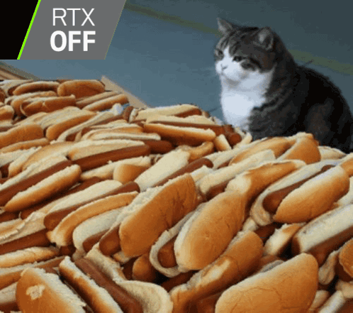 A Cat Sitting On Top Of A Pile Of Hot Dogs With Rtx Off Written In The Corner GIF