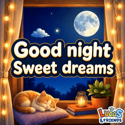 A Cat Sleeping On A Pillow In Front Of A Window With The Words Good Night Sweet Dreams Above It GIF