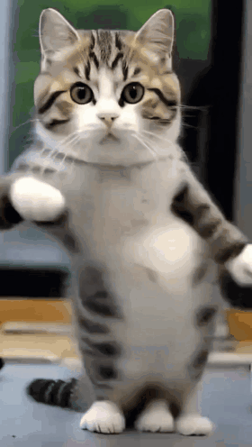 A Cat Standing On Its Hind Legs With Its Paws Up GIF