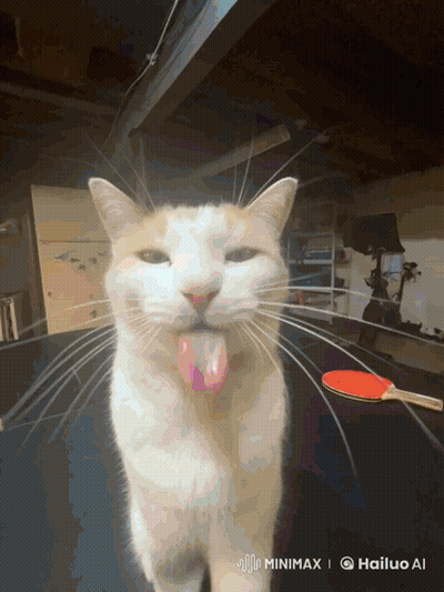 A Cat Sticking Its Tongue Out In Front Of A Ping Pong Paddle With The Hashtag Minimax On The Bottom Right GIF