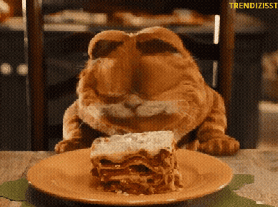 A Cat That Looks Like Garfield Is Eating A Slice Of Lasagna From A Plate GIF