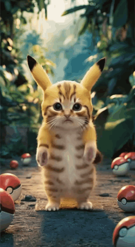Pikachu-Like Cat Next To Pokémon Balls GIF