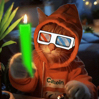 A Cat Wearing 3D Glasses And A Catcoin Hoodie Holds A Green Candle GIF