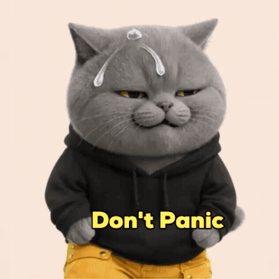 A Cat Wearing A Black Hoodie And Yellow Pants Says " Don 'T Panic " GIF