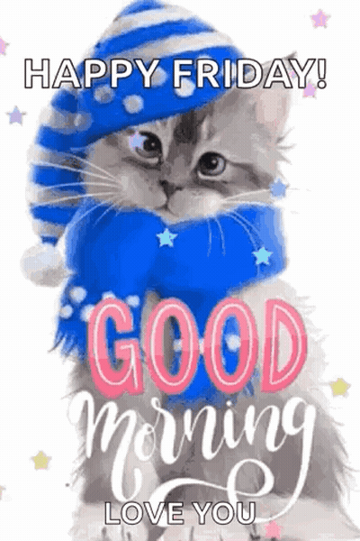 A Cat Wearing A Blue And White Striped Hat And Scarf Is Saying `` Happy Friday ! Good Morning , Love You '' . GIF