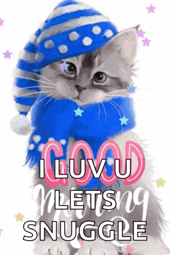 A Cat Wearing A Blue Hat And Scarf With The Words `` Good Morning Snuggle '' On It . GIF