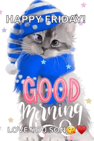 A Cat Wearing A Blue Hat And Scarf With The Words `` Happy Friday ! Good Morning Love You Son '' GIF
