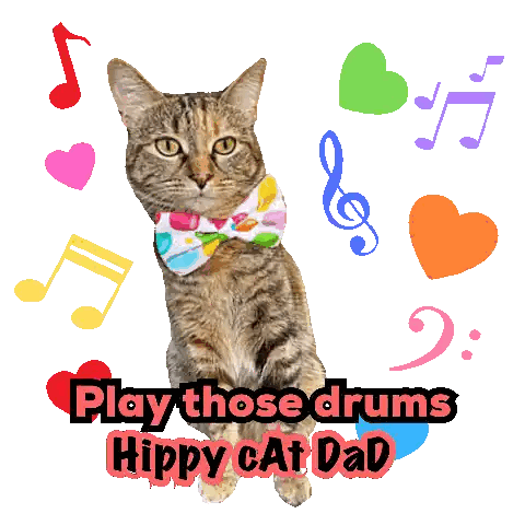 A Cat Wearing A Bow Tie Is Surrounded By Music Notes And Hearts And Says Play Those Drums Hippy Cat Dad Sticker