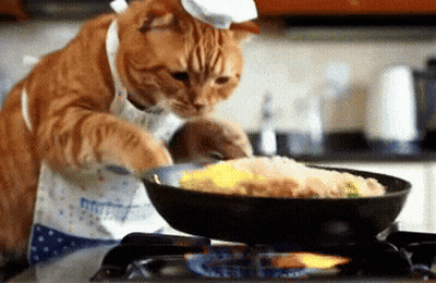 A Cat Wearing A Chef 'S Hat And Apron Cooking Food In A Frying Pan GIF