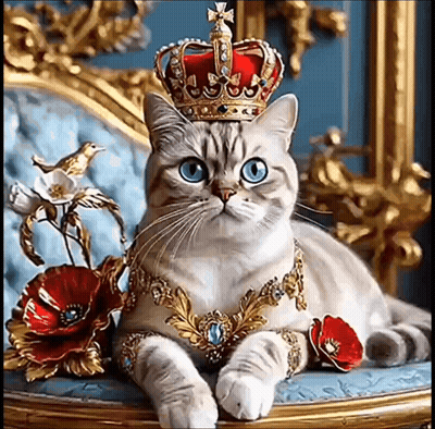 A Cat Wearing A Crown And Jewelry Is Laying On A Chair GIF