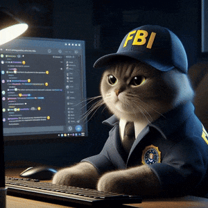 A Cat Wearing A Fbi Hat Sits At A Desk GIF