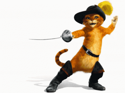 A Cat Wearing A Hat And Boots Holding A Sword GIF