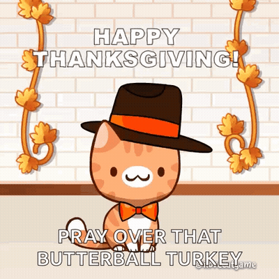 A Cat Wearing A Hat And Bow Tie Is Praying Over Butterball Turkey GIF