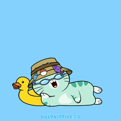 a cat wearing a hat and glasses is laying next to a yellow rubber duck and the words hello