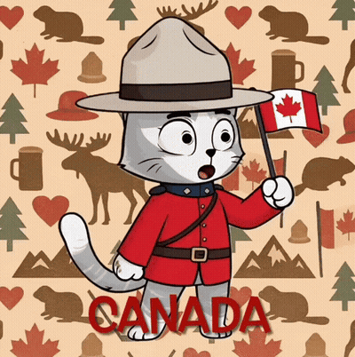 A Cat Wearing A Hat And Holding A Canadian Flag With The Word Canada Underneath It GIF