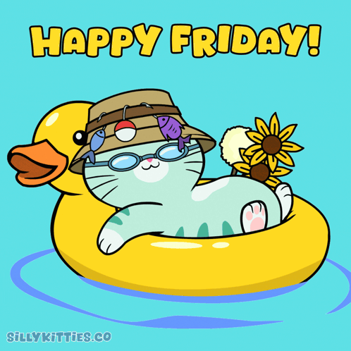 A Cat Wearing A Hat And Sunglasses Is Floating On A Rubber Duck With The Words Happy Friday Below It GIF