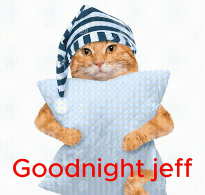 A Cat Wearing A Hat Is Holding A Pillow With The Words Goodnight Jeff Written On It GIF