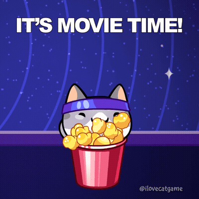 A Cat Wearing A Headband Is Holding A Bucket Of Popcorn With The Words " It 'S Movie Time " Below It GIF