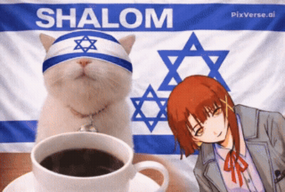 A Cat Wearing A Headband That Says Shalom Is Sitting Next To A Cup Of Coffee GIF