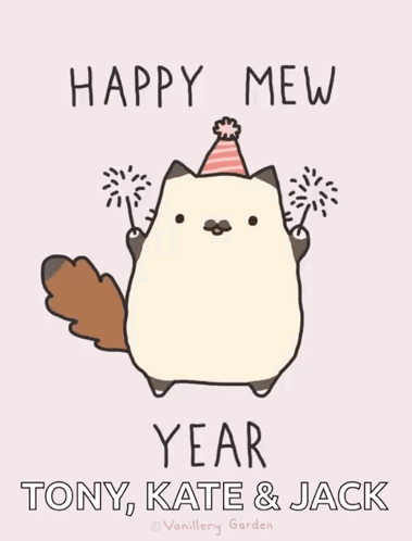 A Cat Wearing A Party Hat Is Holding Sparklers And Says Happy Mew Year Tony Kate And Jack GIF