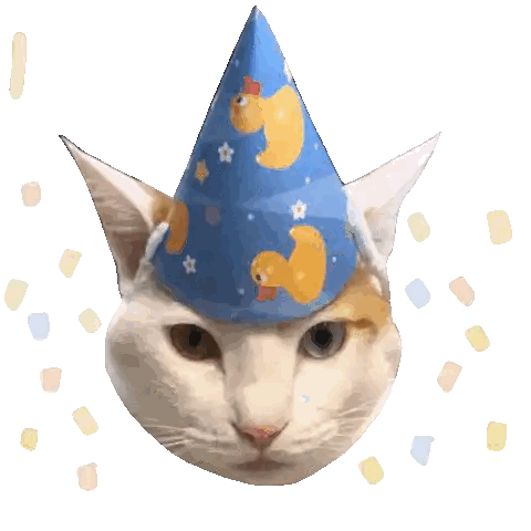 A Cat Wearing A Party Hat With The Words Happy Birthday Behind It Sticker