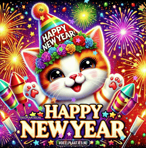 A Cat Wearing A Party Hat With The Words Happy New Year GIF